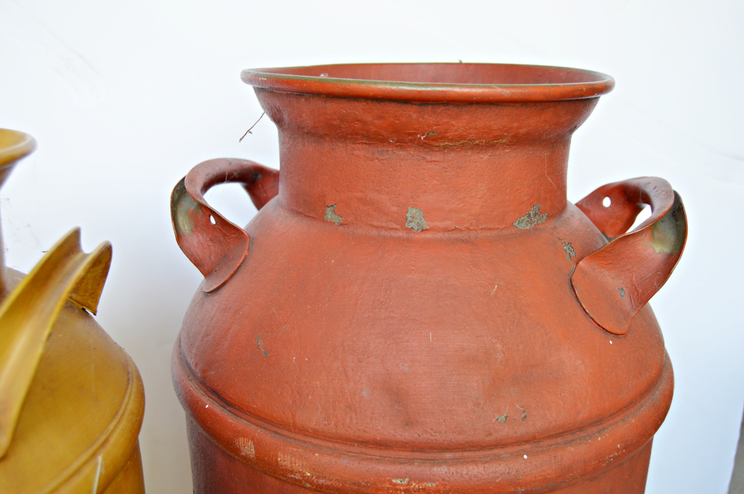 Two Vintage Painted Milk Cans, Coal Hod and Iron Cart