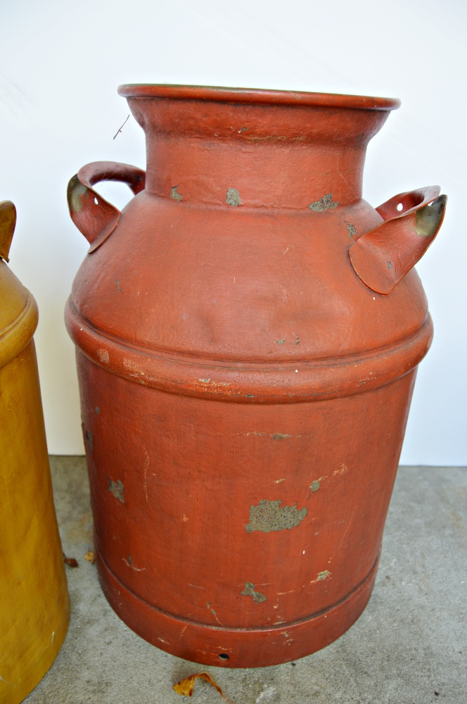 Two Vintage Painted Milk Cans, Coal Hod and Iron Cart