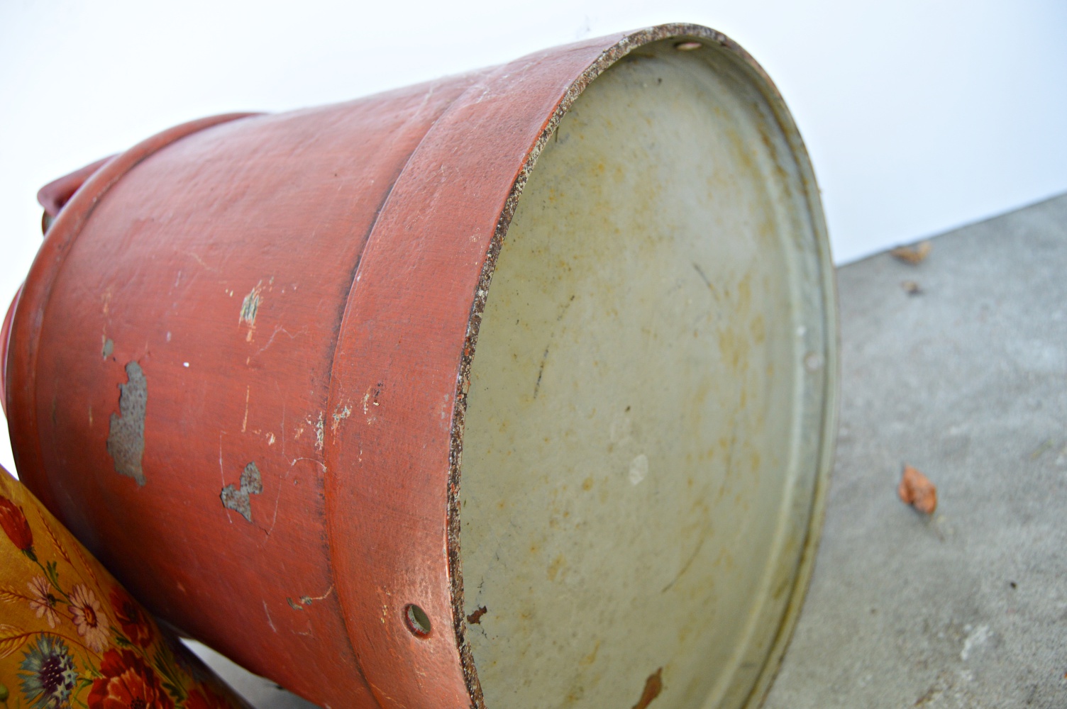 Two Vintage Painted Milk Cans, Coal Hod and Iron Cart