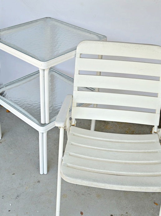 Pair of White Metal and Glass Top Patio Tables and Folding Chair