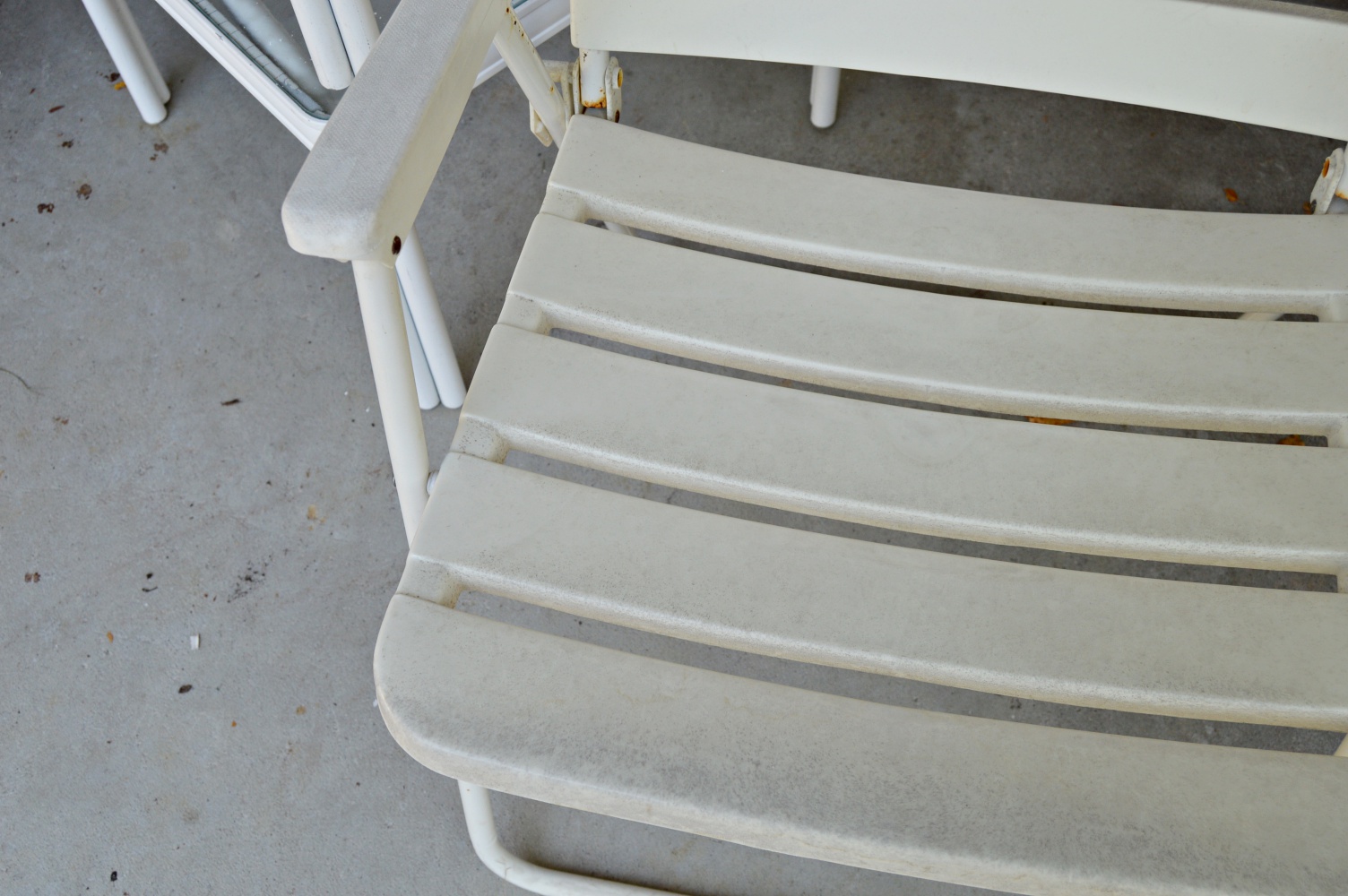 Pair of White Metal and Glass Top Patio Tables and Folding Chair