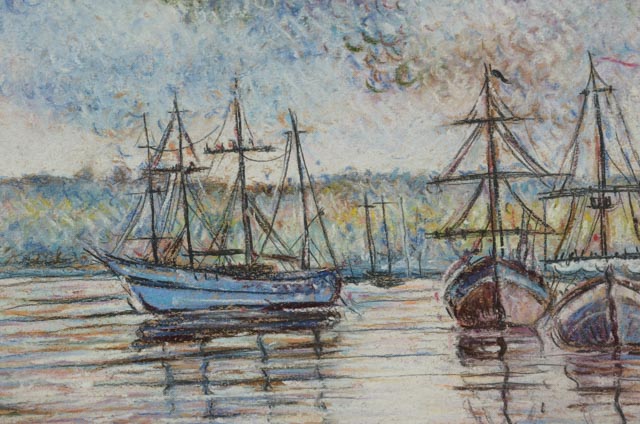 Paul-Émile Pissarro Pastel Drawing of Harbor Scene with Pissarro Authentification