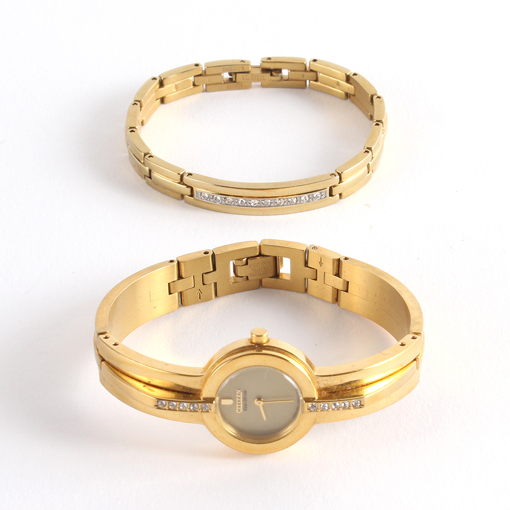 Citizen Eco-Drive Swarovski Crystal Gold-tone Watch and Bracelet Set