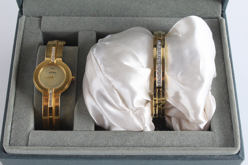 Citizen Eco-Drive Swarovski Crystal Gold-tone Watch and Bracelet Set