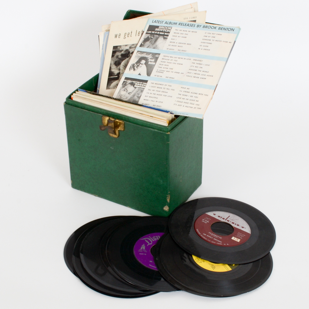 Vintage Rock and Pop 45 rpm Records With Storage Case