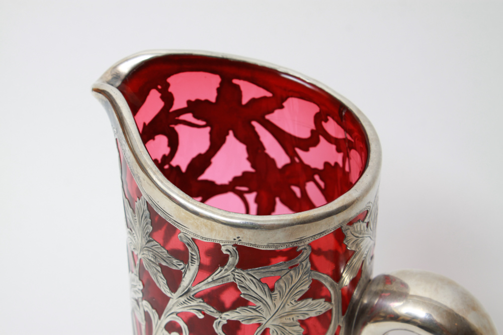 Antique Alvin Sterling Silver Overlay Ruby Glass Pitcher
