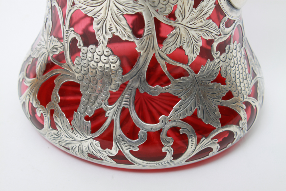 Antique Alvin Sterling Silver Overlay Ruby Glass Pitcher