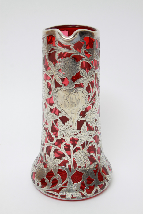 Antique Alvin Sterling Silver Overlay Ruby Glass Pitcher