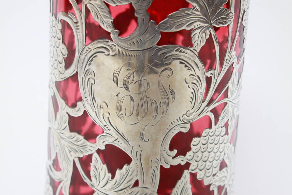 Antique Alvin Sterling Silver Overlay Ruby Glass Pitcher
