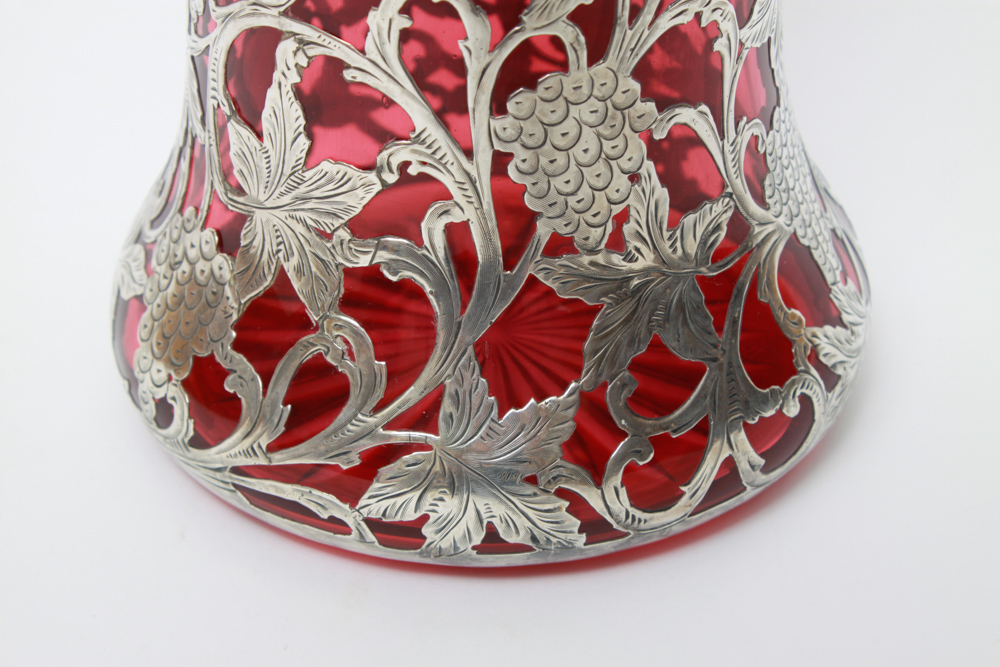 Antique Alvin Sterling Silver Overlay Ruby Glass Pitcher