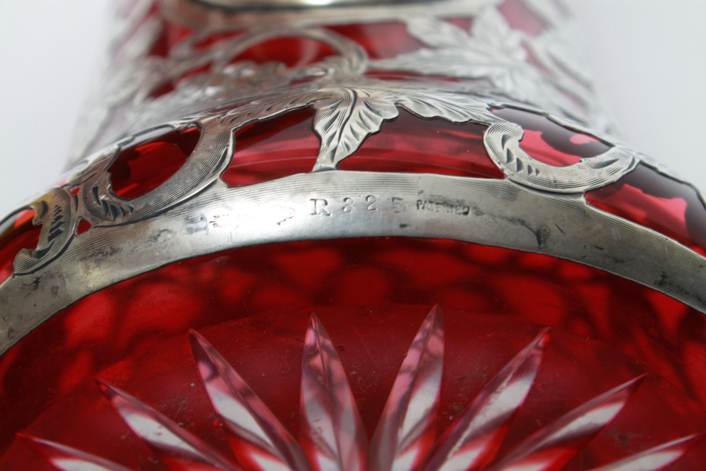 Antique Alvin Sterling Silver Overlay Ruby Glass Pitcher