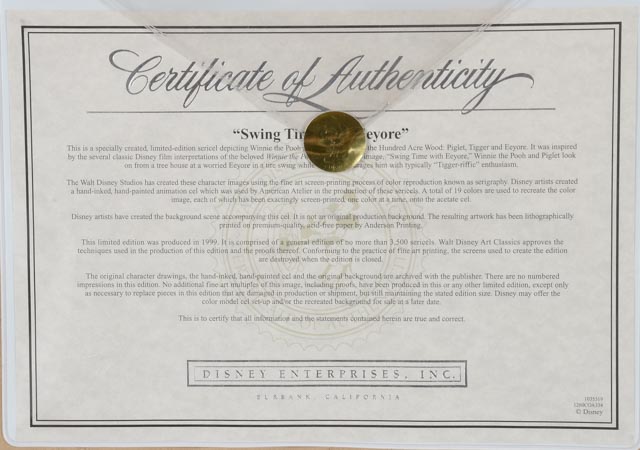 Signed Winnie the Pooh Limited Edition Serigraph Cel "Swing Time with Eeyore"