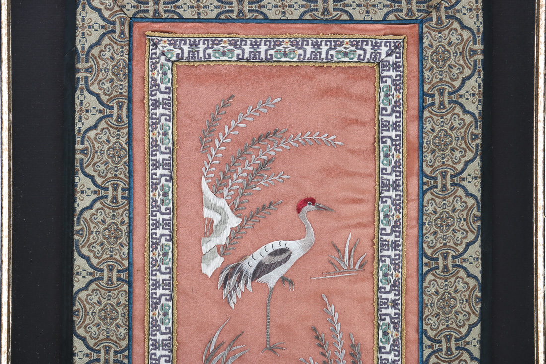 Framed Chinese Silk Embroidery with Cranes