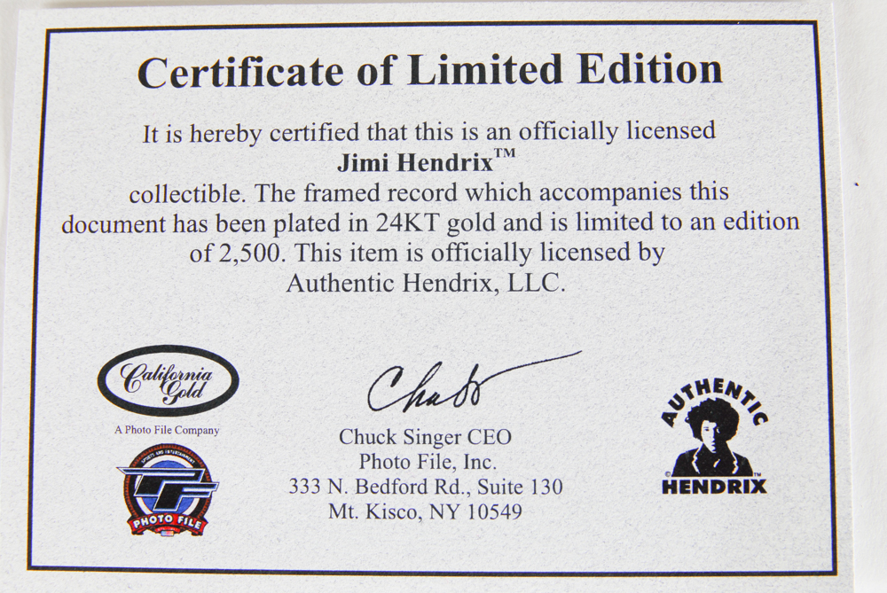 The Jimi Hendrix Experience "Are You Experienced" Limited Edition Framed Gold Plated Record