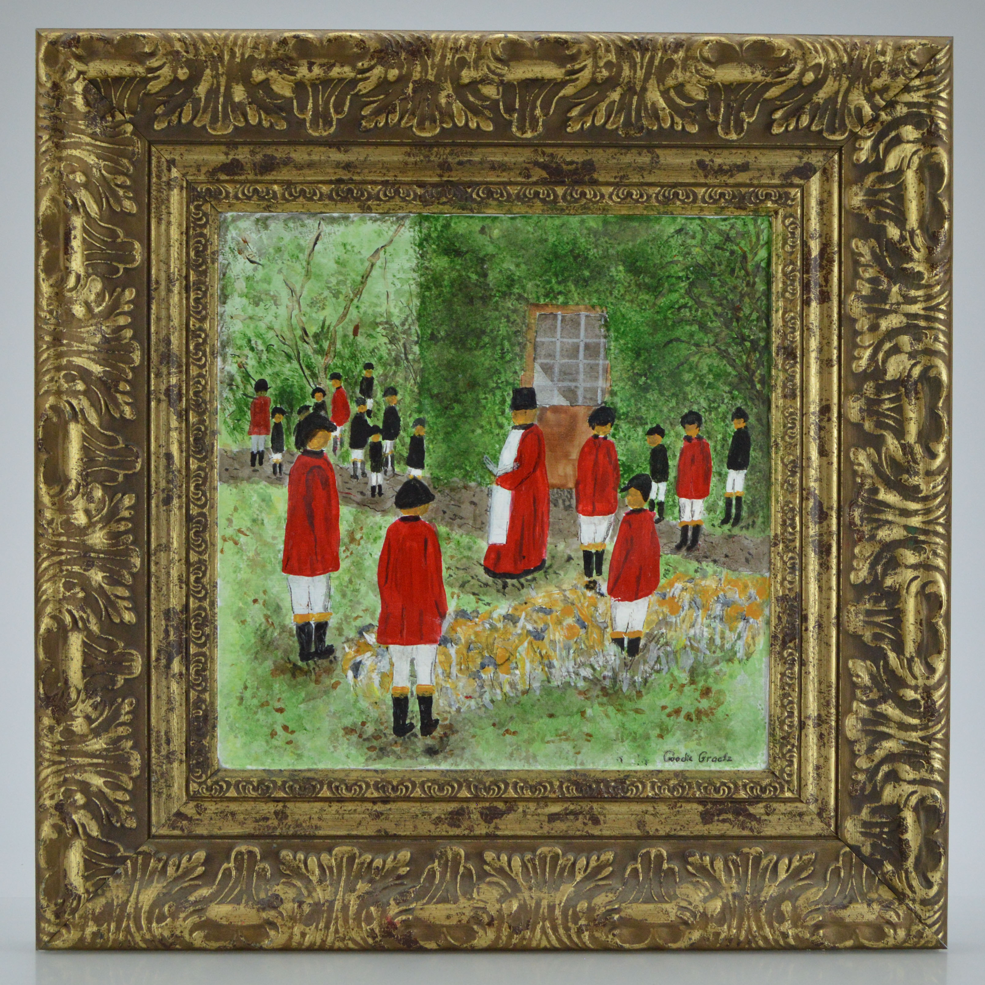 Original Oil on Board of The Annual Blessing of the Hounds at the Iroquois Hunt Club by Goodie Graetz