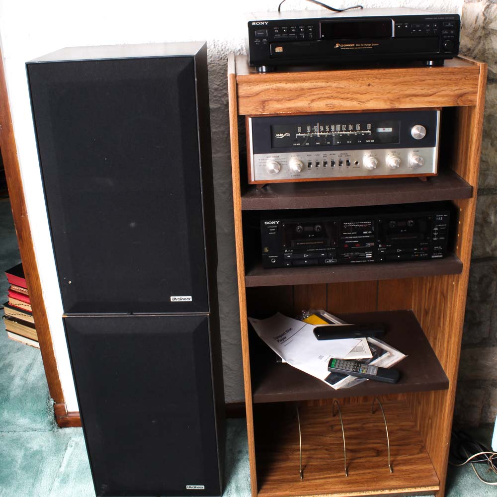 Vintage Ultralinear Speakers, Sony Stereo Set and Bookshelf