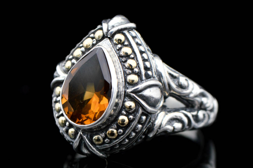 Robert Manse Sterling Silver, 18K Gold and Cognac Quartz Ring