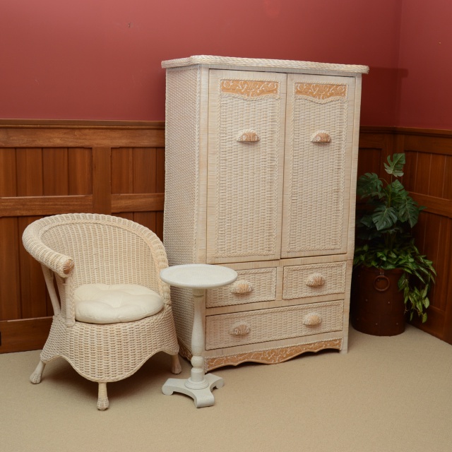Wicker Armoire, Chair with Side Table and Floor Lamp
