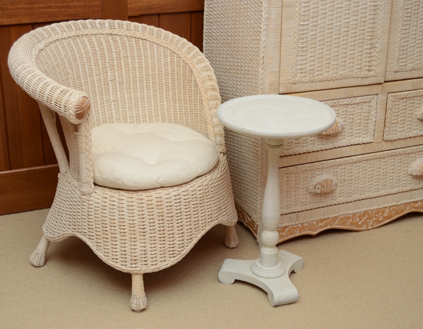 Wicker Armoire, Chair with Side Table and Floor Lamp