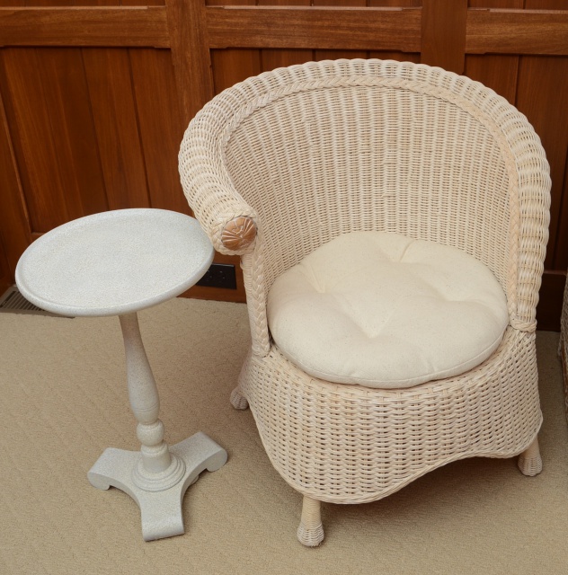 Wicker Armoire, Chair with Side Table and Floor Lamp