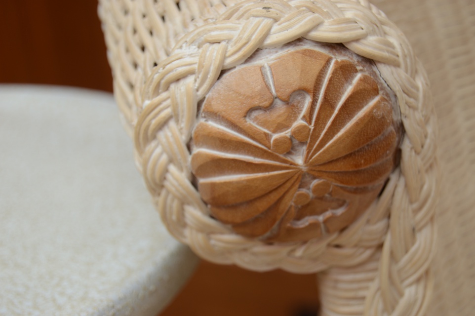 Wicker Armoire, Chair with Side Table and Floor Lamp