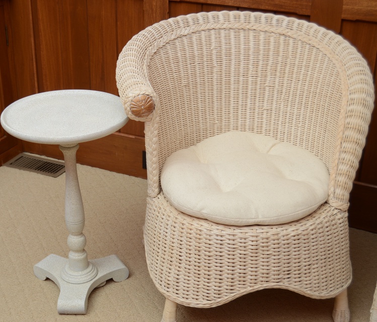 Wicker Armoire, Chair with Side Table and Floor Lamp
