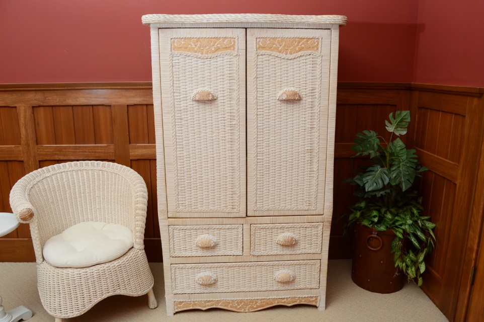 Wicker Armoire, Chair with Side Table and Floor Lamp
