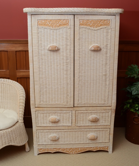 Wicker Armoire, Chair with Side Table and Floor Lamp