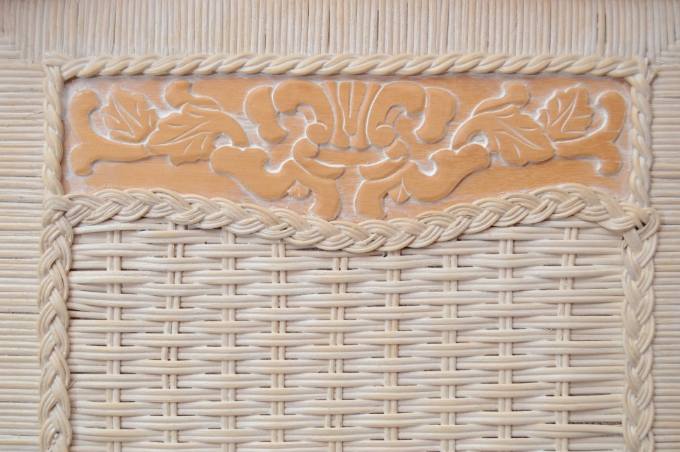 Wicker Armoire, Chair with Side Table and Floor Lamp