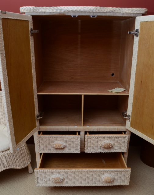 Wicker Armoire, Chair with Side Table and Floor Lamp
