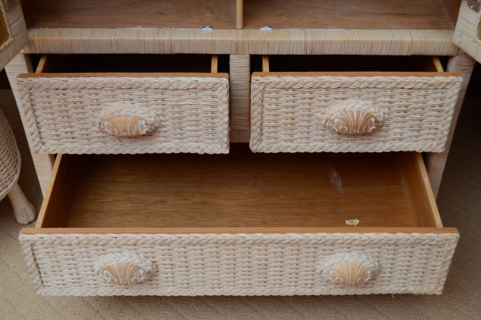 Wicker Armoire, Chair with Side Table and Floor Lamp