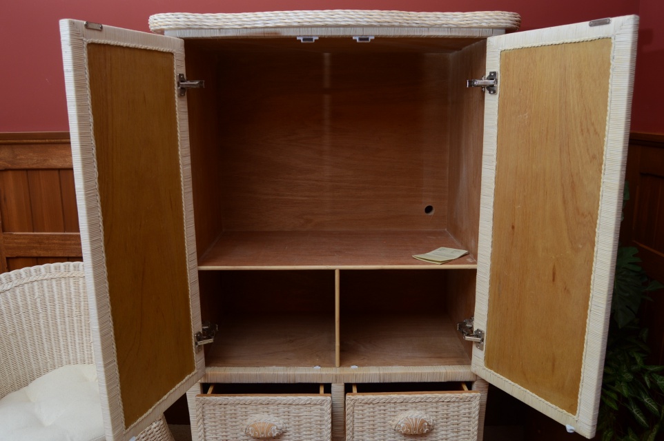 Wicker Armoire, Chair with Side Table and Floor Lamp