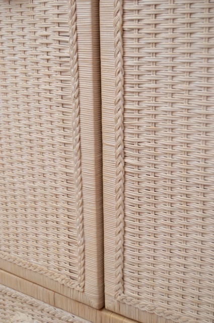 Wicker Armoire, Chair with Side Table and Floor Lamp