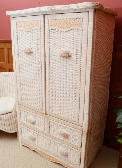 Wicker Armoire, Chair with Side Table and Floor Lamp