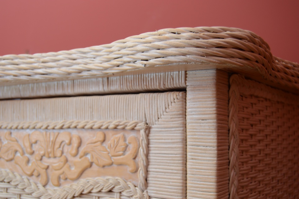 Wicker Armoire, Chair with Side Table and Floor Lamp