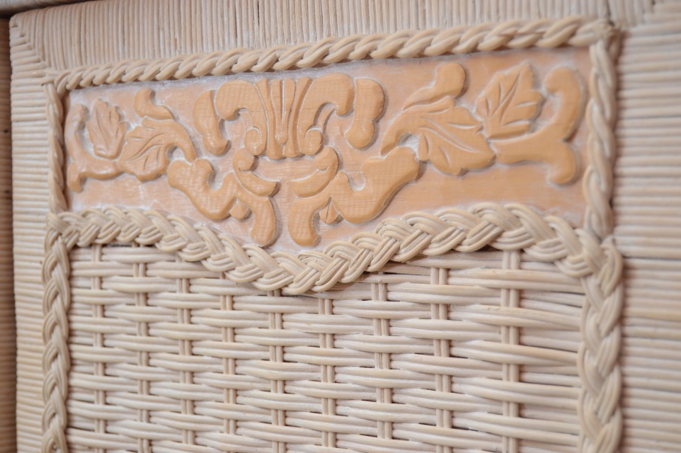 Wicker Armoire, Chair with Side Table and Floor Lamp