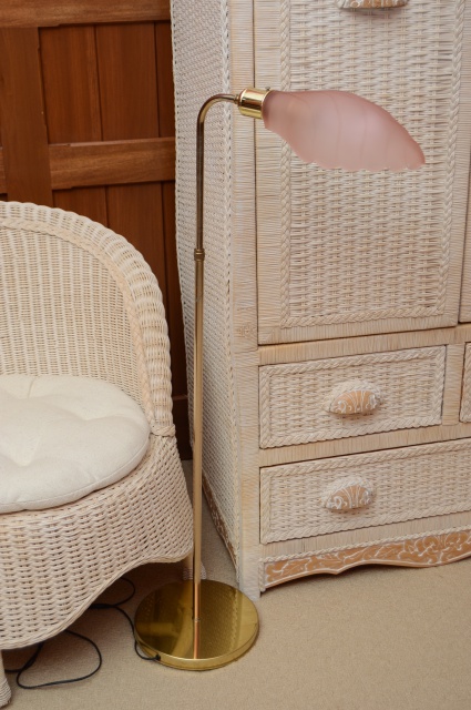 Wicker Armoire, Chair with Side Table and Floor Lamp