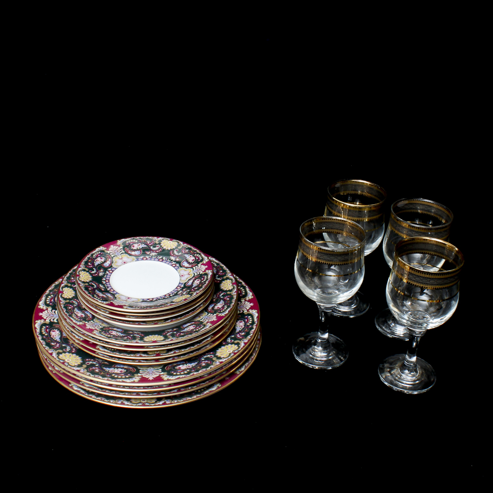 Collection of Muirfield China and Golden Rimmed Wine Glasses