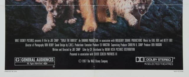 1987 Original One-Sheet Theatrical Poster for Walt Disney's "Benji The Hunted"