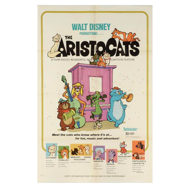 1971 Original One-Sheet Style B Theatrical Release Movie Poster for Walt Disney Film "The Aristocats"