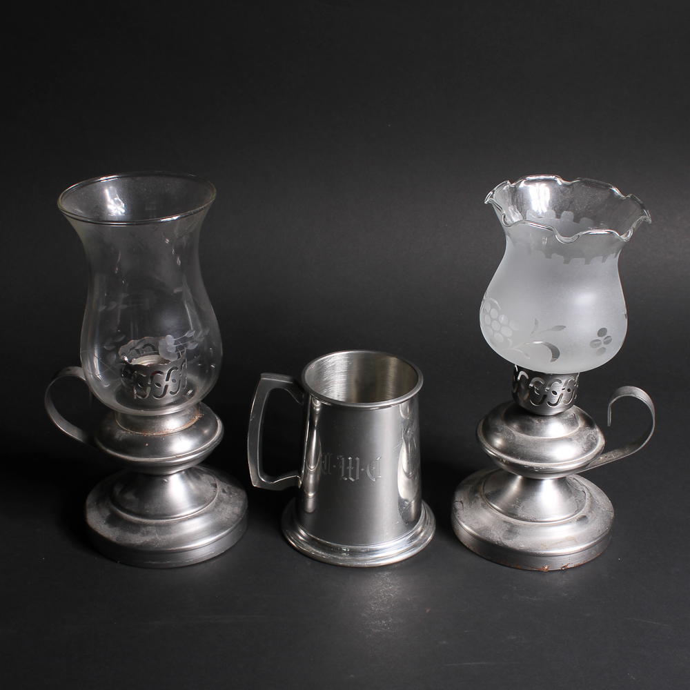 Pair of Hurricane Lamp Style Chambersticks and Pewter Tankard