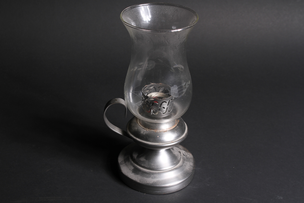 Pair of Hurricane Lamp Style Chambersticks and Pewter Tankard