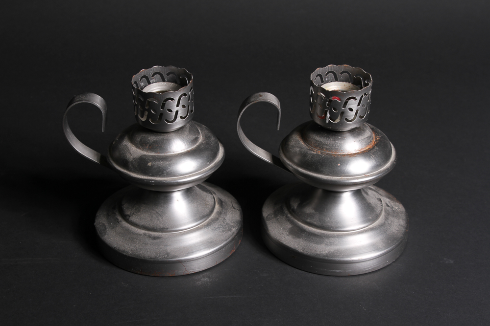 Pair of Hurricane Lamp Style Chambersticks and Pewter Tankard