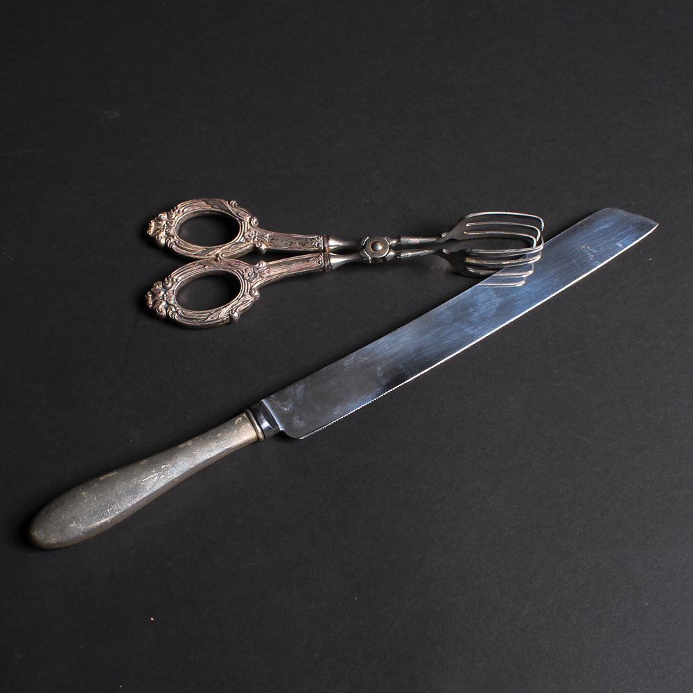 Sterling Silver Handled Knife and Pastry Tongs