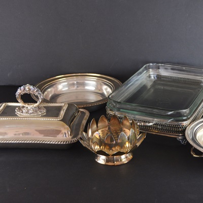 Silver Plated and Glass Baking Dish Group