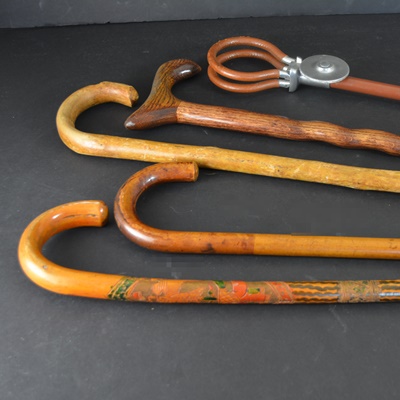 Four Wood Walking Sticks and One Aluminum Walking Stick
