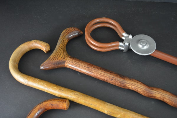 Four Wood Walking Sticks and One Aluminum Walking Stick