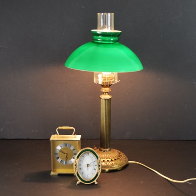 Brass Table Lamp and Two Desk Clocks