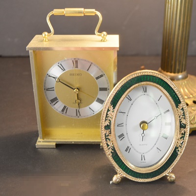 Brass Table Lamp and Two Desk Clocks