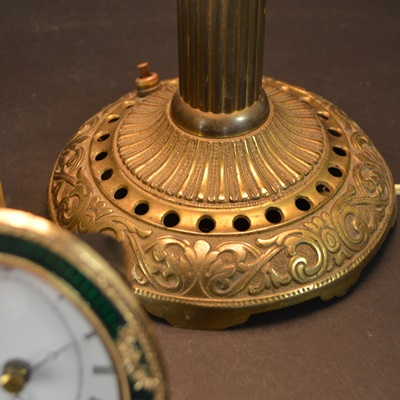 Brass Table Lamp and Two Desk Clocks